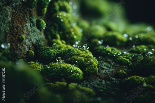Lush Green Moss on Tree Bark with Dew Drops.