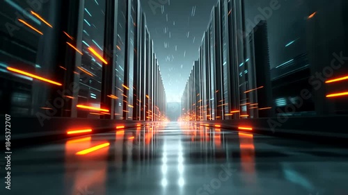 Futuristic Digital Corridor of Servers with Bright Lights and Reflections in a Data Center