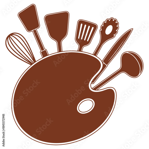 Brown palette with cooking utensils illustration for culinary design concept