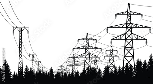 High voltage power transmission towers silhouettes above forest landscape, electricity grid pylons and overhead lines, energy infrastructure, black vector illustration