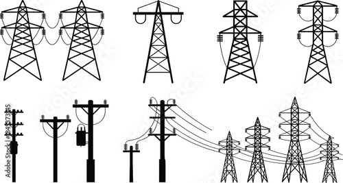 Electric transmission tower and utility pole silhouette set, high voltage power lines, electricity grid infrastructure, black minimal engineering illustration icons