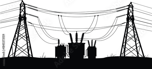 High voltage power transmission towers with transformer station silhouettes, electricity grid infrastructure and overhead lines, industrial energy network, black vector illustration