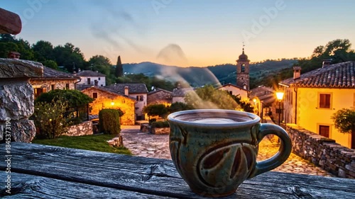 Morning Coffee in a Picturesque Village at Sunrise.
