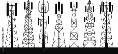 Telecommunication tower silhouette set, cellular network antennas and radio masts, wireless communication infrastructure, black minimal technology illustration icons vector collection