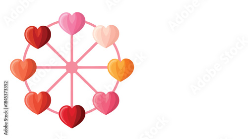 Colorful heart shaped cars on a pink ferris wheel on white background for love and valentine's day concepts