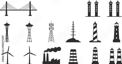Infrastructure landmark silhouette icon set, bridges towers wind turbines factories lighthouses, industrial energy communication architecture, black minimal vector illustration