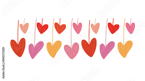 A flat illustration of multiple hanging hearts in various shades of pink, red, and orange on white background, minimalist style