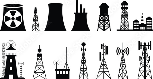 Industrial towers and energy infrastructure silhouettes set, power plants, factories, radio and communication towers, black vector icons isolated