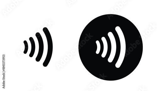 A simple illustration depicting two black icons representing sound waves or audio signals one open and one enclosed in a circle high quality