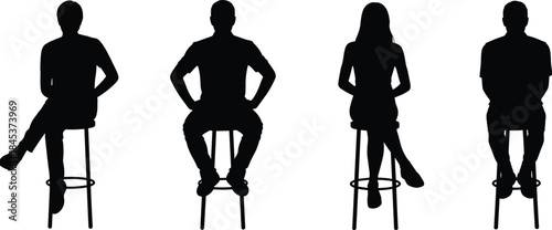 People sitting on stools silhouettes set, men and women front view seated poses, minimal posture collection, black vector icons isolated