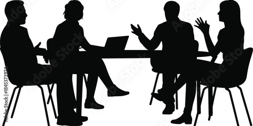 Business meeting silhouettes, professional team discussion at table, corporate collaboration concept, teamwork communication, office people talking, strategy planning