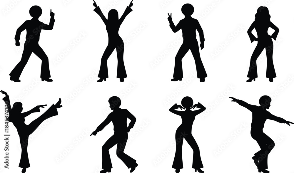 Naklejka premium Disco dancer silhouette collection, retro dance poses from seventies era, black party figures, vintage music movement icons isolated
