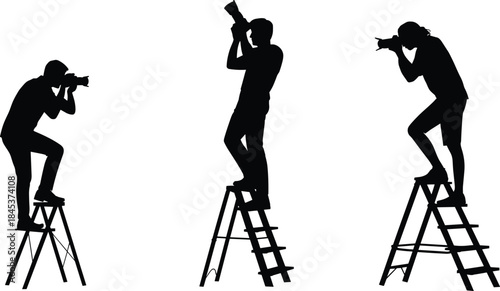 Photographer silhouettes shooting photos from ladder set, professional camera poses, creative photography concept, black vector icons isolated