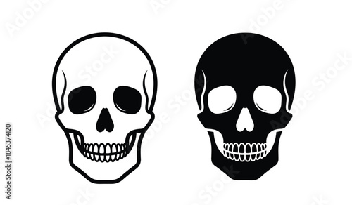 A stark black and white depiction showcases two human skulls one detailed and the other silhouetted creating a somber and minimalist graphic design