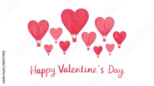 Multiple heart shaped hot air balloons flying in the air on valentines day