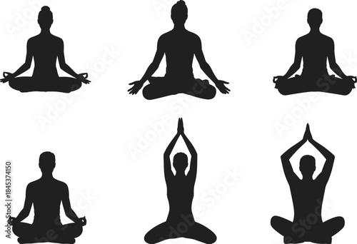 Yoga meditation pose silhouette set, men and women practicing mindfulness lotus asana, black minimal wellness, fitness and spiritual illustration icons