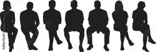 Seated people silhouettes collection, diverse men and women sitting poses, front view human figures, isolated black vector illustration