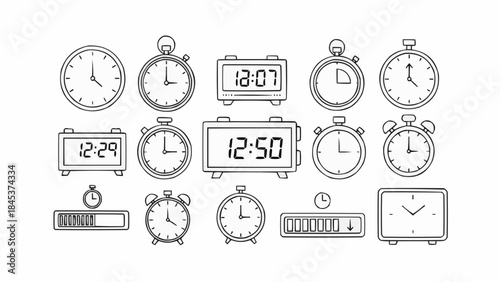 Collection of various clock types and timekeeping devices illustrated in a sketch style.