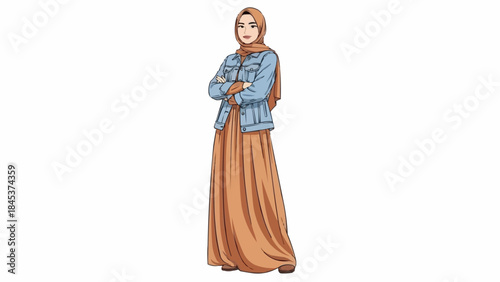 A Muslim woman wearing a hijab and a stylish denim jacket over a long dress.