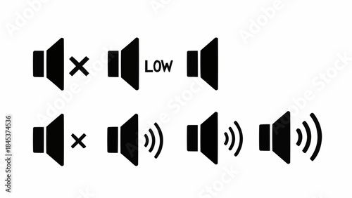 Set of speaker volume icons with different levels and mute symbols.