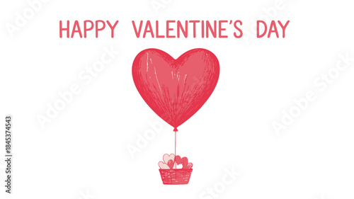 A vibrant red heart shaped balloon floats gently with a basket full of smaller heart shaped balloons on a crisp white background