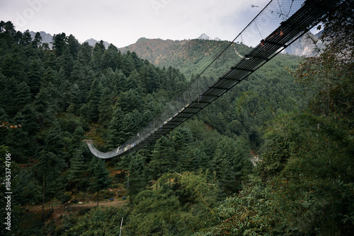 Exploring a suspension bridge over a forest in the mountains during an overcast day