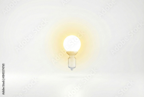 Glowing light bulb floating on white background representing a bright idea and inspiration.