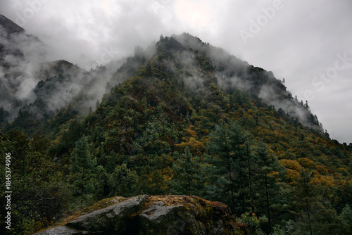 Thick clouds hang over rugged mountain slopes. Trees and shrubs cover parts of the hills. Rain falls, creating a misty scene in a natural setting. The atmosphere feels cool and damp