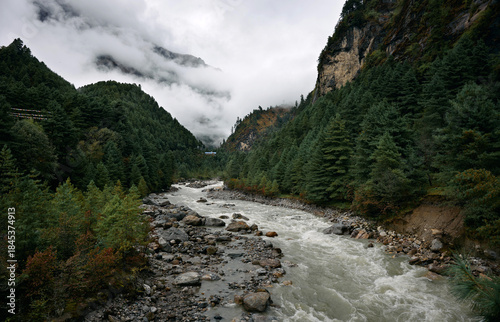 A river moves steadily through a valley surrounded by tall trees and rocky banks. Clouds hang low over the mountains, creating a moody atmosphere