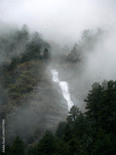 Water descends from a height in a waterfall surrounded by tall trees in a dense fog. The scene shows a mountainous area with mist covering the landscape