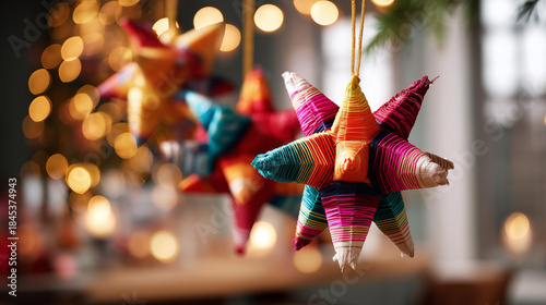 Vibrant celebration decoration featuring traditional star piñata heavily defocused warm festive lights background colorful Hispanic holiday décor showcase joyful cultural
