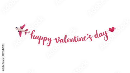 Flat illustration of airplane pulling heart shape balloons with happy valentine's day text