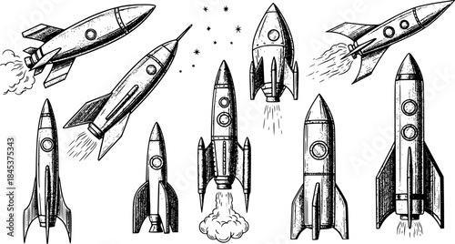 Vintage Rocket Ship Illustrations in Engraved Style on White Background
