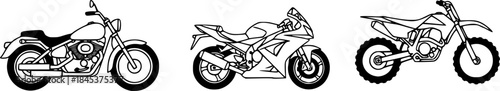 Line art illustration of three different motorcycles on a white background
