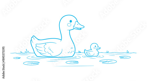 Cute goose figure, buoyant duck, outlined illustration, hand-drawn for a coloring book or page. Swamp or pond


