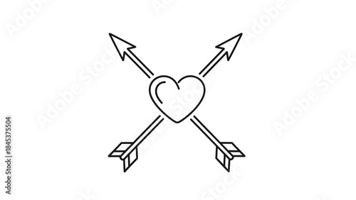 Minimalist black and white vector illustration of a heart pierced by crossed arrows symbolizing