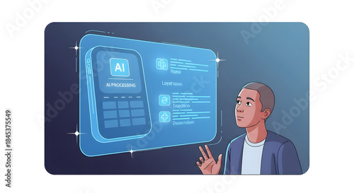 Man interacting with virtual AI screen.
