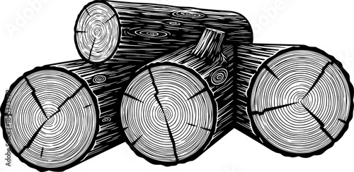 Detailed illustration of three wood logs with visible grain and rings
