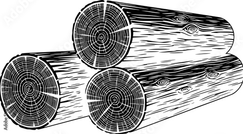 Detailed illustration of three wood logs with visible grain and rings
