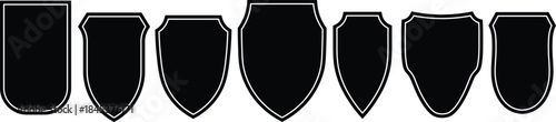 Collection of seven black shield shapes with white outlines on white background emblem crest