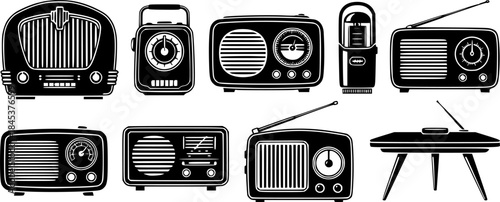 Vintage radio illustrations in a line, perfect for retro design projects
