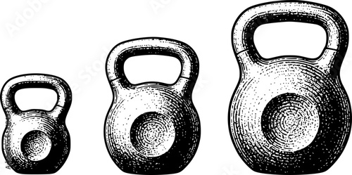 Engraved illustration of three kettlebells in different sizes on white background
