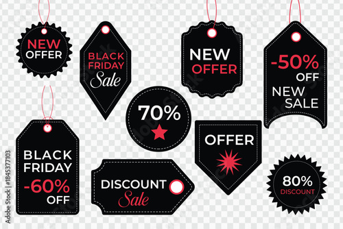 Black friday discount tags collection with sale messages, price labels and promotional ribbons