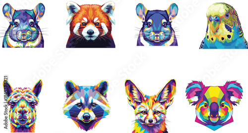 Vibrant collection of geometric animal head illustrations, featuring diverse wildlife species in a modern, colorful pop art style, perfect as decorative icons or graphic elements