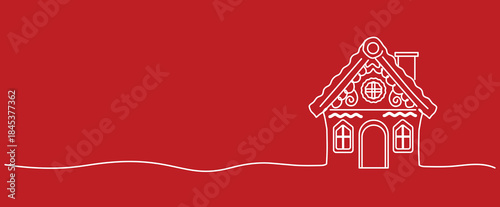 snow covered gingerbread house cookie with lights One Continuous line art drawing vector illustration, outline Hand drawn line art banner poster background transparent isolated clipart sign symbol red