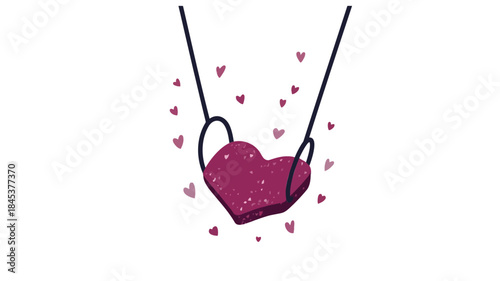 A whimsical pink heart shaped swing hangs from black ropes surrounded by small hearts on white background