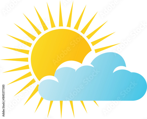 Bright yellow sun with radiating rays partially obscured by a fluffy blue cloud