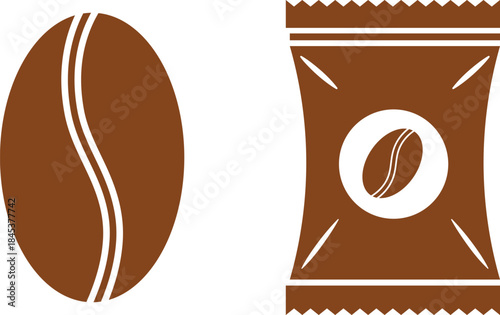 Brown coffee bean and coffee packaging on white background symbol