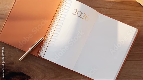 Open 2026 planner notebook with gold pen on wooden desk in sunlight for new year business goals