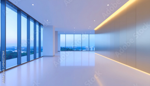 Modern empty office space with large windows and city view, bright interior with clean design and warm lighting